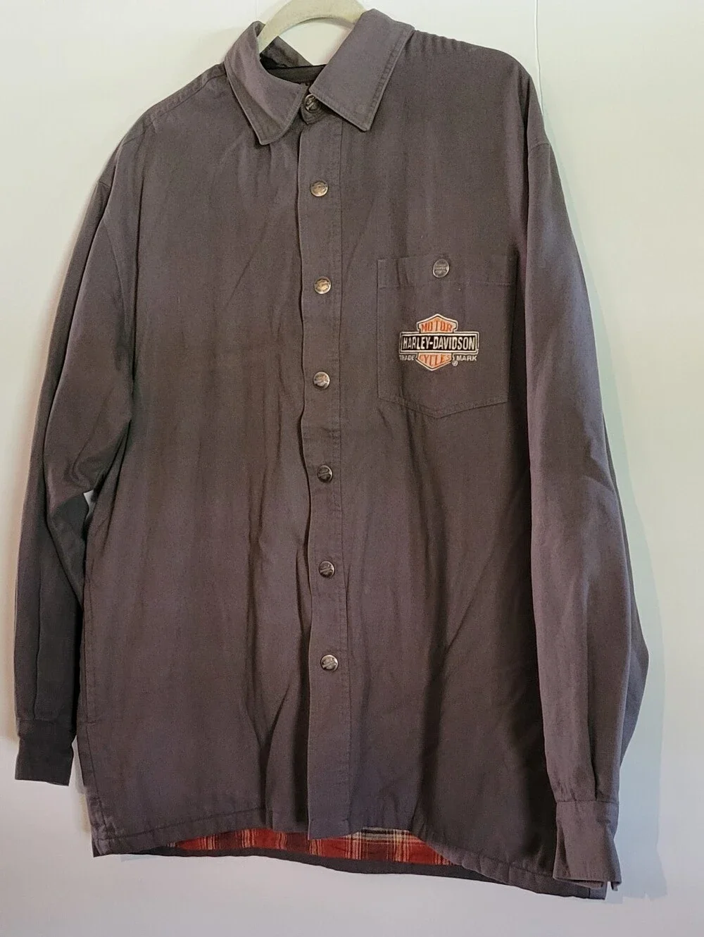 Harley-Davidson Rare 2007 Canvas Shacket Shirt Jacket Plaid Flannel Lining Biker